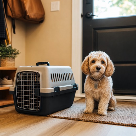 small pet near a hard-sided carrier