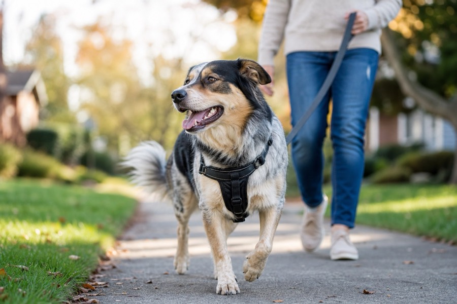 dog harness walking setup