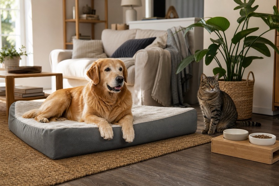 A calm dog and cat in a tidy home with practical pet gear